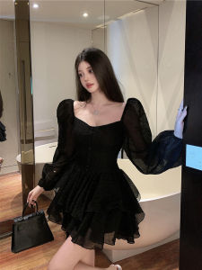 Pure Desire Large-Size Womens Dress with Lotus Leaf Trim Square Collar Long Sleeves for Autumn Season Princess Style