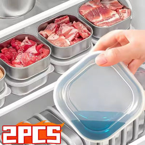 2PCS Stainless Steel Food Storage Box Portable Vegetable Fruit Sealed Preservation Box Camping Refrigerator Food Grade Frozen Meat Organizer
