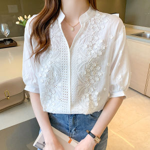 Women Summer Floral Embroidery Lace Blouse Mesh Hollow-out Polo Collar Casual Shirt Ladies Elegant Short Sleeve Commuter Tops Holiday Party Beach Office Wear