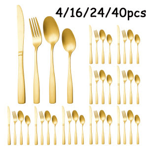 4/16/24/40pcs stainless steel cutlery set advanced gold square handle cutlery set suitable for kitchens and restaurants.