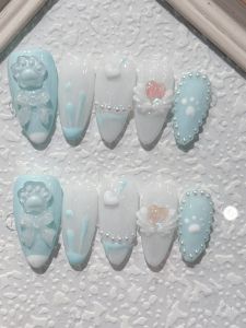 INS Cute Bows Cats Paw Wear Armor: 2024 New Arrival Wind Blue White Long Removable Fake Nail Patch