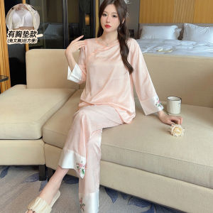 สไตล์จีนใหม่ ชุดนอน ผู้หญิง ฤดูร้อน ผ้าไหม น้ําแข็ง ผ้าไหม แขนยาว กางเกงขายาว ลายดอก ชุด หวาน เสื้อผ้าบ้านผ้าบาง