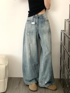 Quần Jeans Denim Ống Rộng Cạp Cao Cho Nữ Quần Ống Rộng Ôm Dáng Mùa Hè 2024 Quần Jeans Denim Cổ Điển Rách Ranh Cao 175 Cm