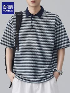 ROMON | Retro Striped Short Sleeve T-Shirt Summer Lightweight Loose Fit Color-Block Polo for Men