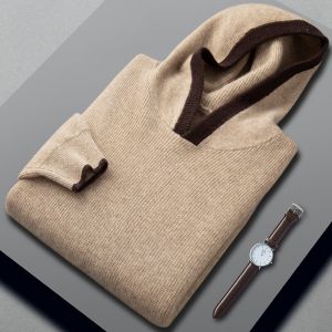 Mens Autumn Winter Knitwear Sweater with Cap: Casual Business Style Cashmere Blend Thickened Long Sleeves Pullover