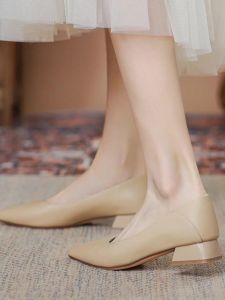 WANGGONGZHU | Leather Pointed Toe Low Heel Commuter Shoes For Women Casual Style Soft Leather Flat Bottom High Heels Fashionable Spring Autumn