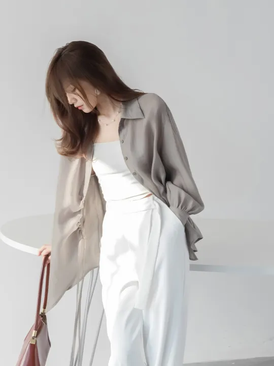 Special%20Offer%20Shiny%20Tencel%20Women's%20Long%20Sleeve%20Shirt%20Sun%20Protection%20Side%20Button%20Design%20Breathable%20Commute%20Style%20Pure%20Color%20Polo%20Collar%20-%20Image%205