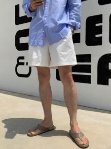 Summer Casual Loose Straight Leg Mens Shorts Pure Color Drawstring Elastic Waist Five-Quarter Length Youth Fashion