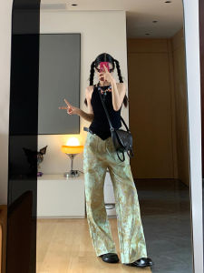 Retro American Tie Dye Workwear Jeans Women High Waist Straight Leg Slimming Floor Length Wide Leg Dirty Pants Green