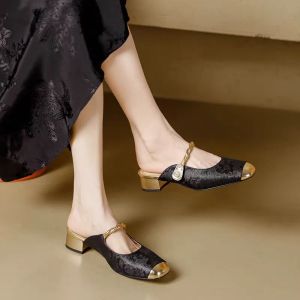 New Chinese Style Womens Real Leather Sandals Slip-On Mules Spring Summer Fashionable Flat Heel Anti-Slip Casual Shoes