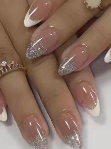 Bộ Móng Giả Màu Nude Hạnh Nhân Trung Bình Dành Cho Nữ Và Bé Gái Với Các Đường Kẻ Trắng Kiểu Pháp Và Nhũ Lấp Lánh 24 Chiếc Móng Dán Sẵn Dùng Cho Tiệc Tùng