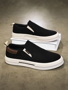 Mens Canvas Shoes Summer New Style Slip-On Beijing Anti-Odor Breathable Casual Loafers Debe Rubber Outsole round Toe Thick Heel