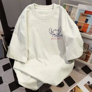 American Cartoon Print Pure Cotton Short Sleeve T-Shirt for Girls Summer New Style Loose Fit Top Casual round Neck Design