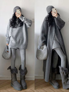 Gray Fleece Lined High Waist Thickened Womens Leggings Casual Long Pants Cotton Nylon Spandex Blend Butt Lifting Trousers