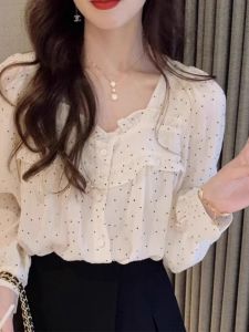เสื้อเชิ้ตผู้หญิงแขนยาวผ้าชีฟองสไตล์ฮ่องกง คอเหลี่ยม ลายจุด ดีไซน์เก๋ไก๋ สไตล์เกาหลี แขนยาว ปกติ