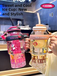 Large Capacity Straw Cup Female Students Sports Water Bottle Ice King Cup Trendy Cool Design Beverage Container PC Material