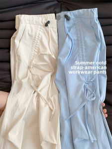 American Style High Waist Thin Summer Work Pants Womens Casual Straight Leg Paratrooper Shorts Trousers Wide Leg Pants