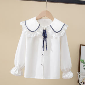 Áo Sơ Mi Trẻ Em Tay Dài Màu Trắng Cổ Búp Bê Mùa Xuân Thu Mới Cho Bé Gái Quần Áo Trẻ Em Chất Liệu Cotton Nguyên Chất