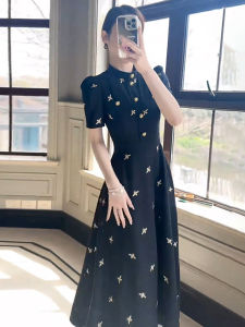 Elegant Mid-Length Short-Sleeve Dress Womens 2025 New Summer High-End Versatile Waist-Cinching Slimming A-Line Maxi Skirt
