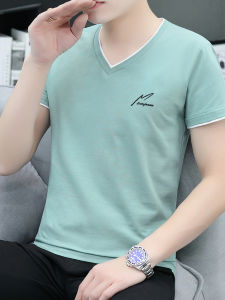 Mens All-Cotton Short-Sleeved T-shirt Mens Trendy Embroider Bottoming Shirt Summer V-neck Chicken Collar Loose Tops Mens Half Sleeve Wear