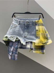 กระโปรงสั้นทรงเอเอวสูงผ้าเดนิมลายสก็อตปะติดปะต่อกันกันแสงสีบล็อกฤดูร้อนปี 2025 สำหรับผู้หญิง กระโปรงสั้นทรงเอป้องกันแสงสีบล็อกลายสก็อต