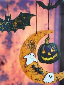 Wood Halloween Hanging Decor Gothic Crescent Moon with Ghost Bat & Pumpkin Lantern Shaped Pendant Wall Ornaments for Home Party