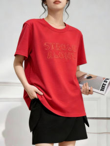 QINGNAER | Red Letter Embroidered Casual Slim Fit Plus Size T-Shirt