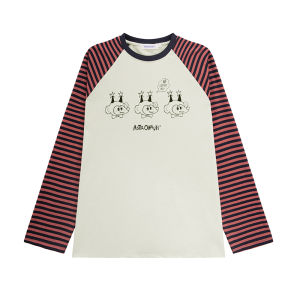 Unfree American Style Long Sleeve T-Shirt Womens Striped Splicing Color Block Retro Loose College Style Versatile Top