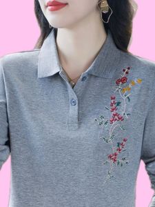 Elegant Embroidered Long Sleeve Polo Shirt Womens Spring Autumn Cotton Loose Fit Collared T-Shirt Versatile Base Layer Top