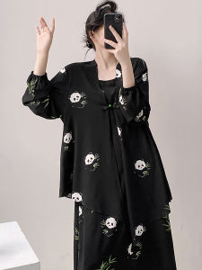 New Chinese Style Floral Print Sleepwear Two-Piece Set Artificial Cotton Cheongsam Outerwear Trendy Robe for Women Summer Home Clothes