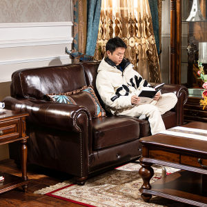 American Style Full Solid Wood Sofa Luxury Leather Couch Top Cowhide Soft Padded Living Room Villa Ancient Style Furniture