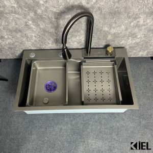 COMBO chậu rửa bát 1 hố to HOT TREND Inox 304 nano đen xám kèm vòi rút dây thác nước.