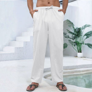 Mens Cotton Linen Pants Straight Leg Lightweight Breathable Comfortable Trousers Beach Style Solid Color Casual Cozy Sweatpants