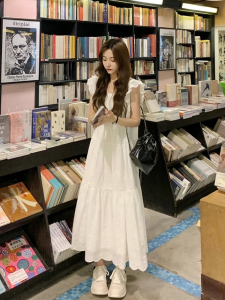 Plus Size Plus Size Ladies Summer Fashion Artistic White Dress Sweet First Date Style Loose Slim Looking Flying Sleeves Long Dress for Women