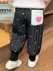 กางเกงผ้าฝ้ายบุขนแกะทรงหัวใจสำหรับเด็กผู้หญิง กางเกงขายาวทรงหลวมสบาย ๆ แฟชั่นฤดูหนาว กางเกงขายาวหนาสำหรับเด็กผู้หญิง
