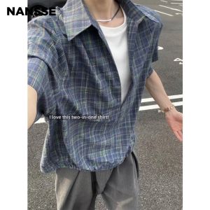 NANSSE | Cleanfit Fake Two-Piece Checkered Short Sleeve Summer Thin Comfortable Dress Shirt