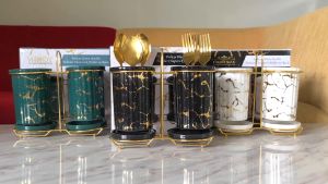 FIORENZA Tempat Sendok Garpu Motif Marble Ceramic Set MT-789 MH-789 MP-789