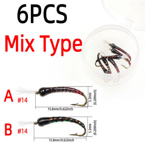 6pcs #14 Brass Bead Head Epoxy Zebra Midge Nymph Artificial Buzzer Midges Barbed Fly Hook Fly Fishing Trout Fishing Lures Baits