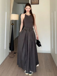 QINWEIYU | Hebe Style Grey Sleeveless Dress Womens Summer New Fashion High Quality Long Skirt Fake Two-Piece Sweet Japanese Style A-Line