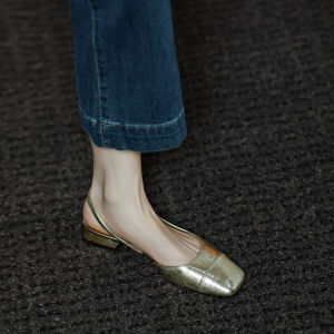 French Style Summer 2024 Flat Head Square Toe Slip-On Low Heel Womens Sandals Open Mouth Slipper Fashionable Casual Shoes