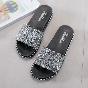 IELGY womens sequin sandals thick bottomed flat round toe slippers（Shoe size runs one size down）