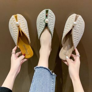 Fashionable Pearl Fish Mouth Half Slippers Women Summer Outdoor Wear Flat Bottom Sandals Hong Kong Style Universal Low Heel