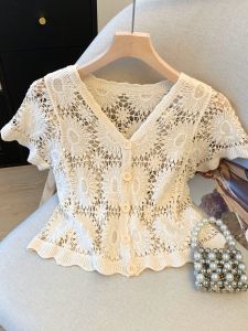 Áo Len Dệt Kim Ren Khoét Sâu Gợi Cảm Cho Nữ Mùa Hè Mỏng Thiết Kế Ngắn Đẹp Mắt Áo Len Cổ Chữ V Tay Ngắn Dáng Ôm