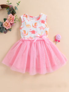Summer Toddler Girls Dress Cute Cartoon Dinosaur Print Sleeveless Tank Dresses with Bow Mesh Tulle Tutu Skirts Kids Outfits 1-6Y
