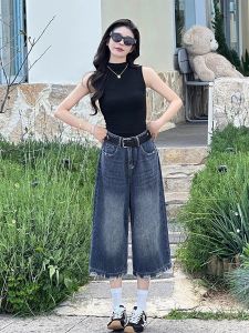 กางเกงยีนส์ทรงหลวมเอวสูงสไตล์อเมริกันย้อนยุคสำหรับผู้หญิงในช่วงฤดูร้อน กางเกงขายาวทรงตรงขาบานทรงเจ็ดจุดสำหรับผู้ที่มีตัวเล็ก