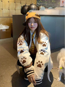 Retro American Embroidered Cat Claw Baseball Jacket Womens Spring Autumn Loose Lazy Style Jacket Top Korean Version Long Sleeve