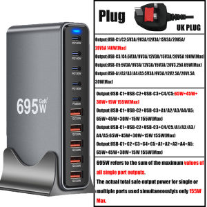 695W GaN 10-Port Desktop Charging Station PD3.1 140W For MacBook Pro/iPhone/Samsung S24/iPad USB Fast Charger 100/65W Type C