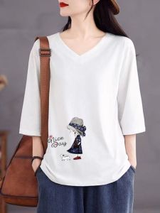 เสื้อยืดคอกลมแขนสั้นผ้าฝ้ายแท้ 100% สีขาว ทรงหลวม ไซส์ใหญ่ สำหรับผู้หญิง ลดราคาจากแบรนด์ ฤดูใบไม้ผลิและฤดูร้อน