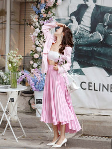 Elegant High Waist A-Line Long Skirt Womens Pink Asymmetrical Spring Autumn New Style Half-length Pleated Skirt Soomate Brand