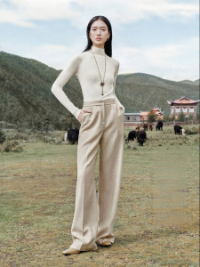 French Elegant Twill Texture Wool Cashmere Blend Straight Leg Casual Trousers